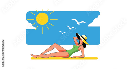 A woman relaxes on a beach under the sun with birds flying