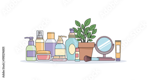A diverse and colorful collection of various cosmetic bottles, a small green potted plant, a round mirror, and a soft makeup brush are neatly arranged.