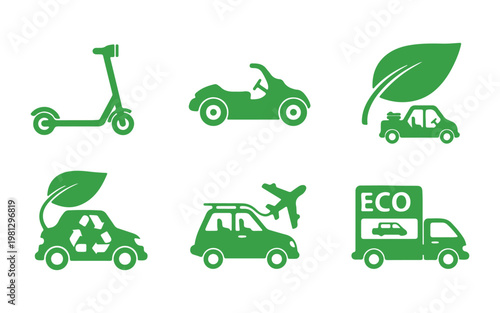Illustrations of various eco-friendly and sustainable transportation modes