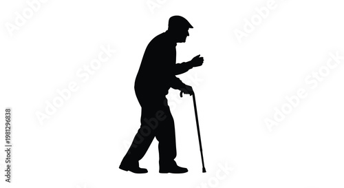 Silhouette of an elderly man walking with a cane against white