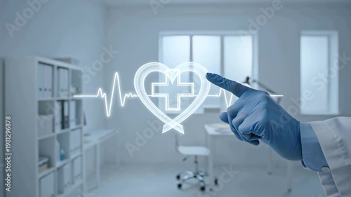 A doctor's gloved hand holds a drawn heart with a cross