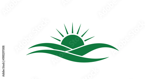 Green logo featuring a stylized sun rising over ocean waves