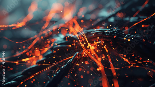 Vibrant orange sparks fly through dark space with glowing embers and fiery debris scattered everywhere