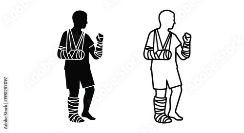 Two silhouettes of people with arms and legs in casts