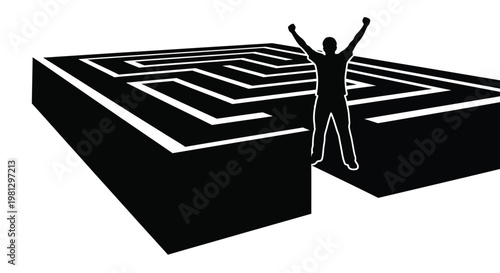 Vector graphic illustration of a person celebrating success having conquered a complex maze challenge design.