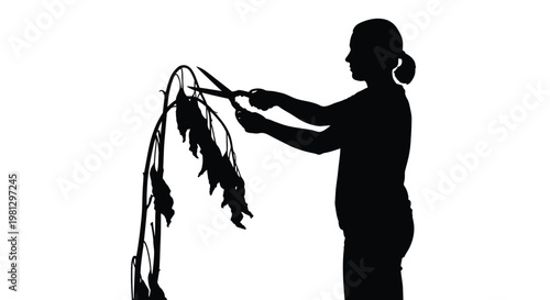 Silhouette vector illustration of a person carefully trimming a dry plant using sharp garden scissors