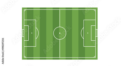 Aerial view of a green soccer field with marked lines and goals