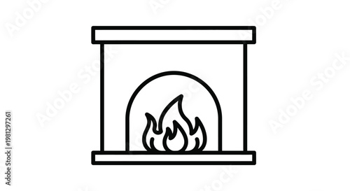 A simple line drawing depicts a fireplace with flames inside representing warmth and home
