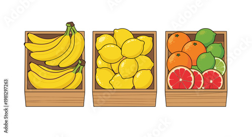 Three rustic wooden crates overflowing with ripe yellow bananas and zesty citrus fruits like lemons and limes create a vibrant display of fresh produce.