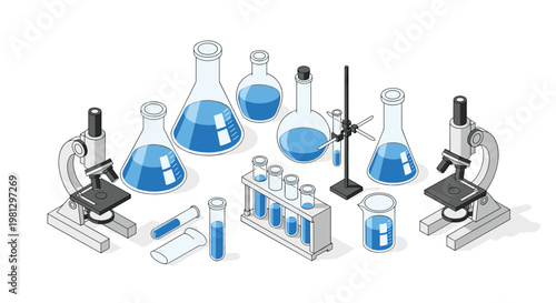 Pristine isometric laboratory equipment including dual microscopes and various glass beakers filled with bright blue liquid rests upon a clean white surface.