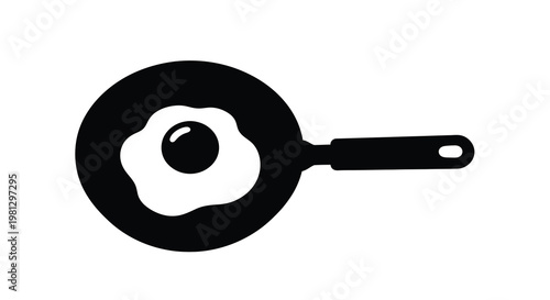Simple black and white illustration of a fried egg in a pan