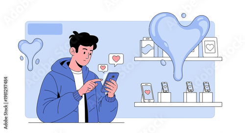 Young man scrolling smartphone, receiving likes, modern tech store with devices and abstract heart shapes
