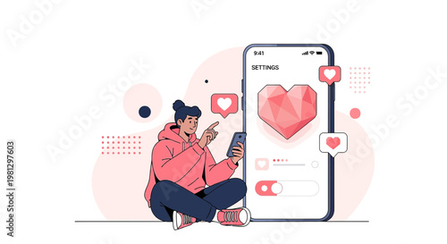 Young Woman Interacting with Smartphone App Featuring Geometric Heart Icon and Social Media Likes