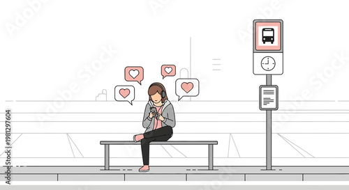 Young Woman On Bus Stop Bench Using Smartphone, Receiving Likes Notifications