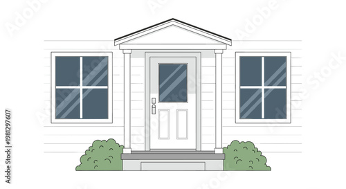 The symmetrical front facade of a pristine white suburban house features a central door with a glass pane, two large windows, and manicured green bushes.