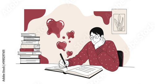 Young man writing, inspired by abstract hearts, surrounded by books