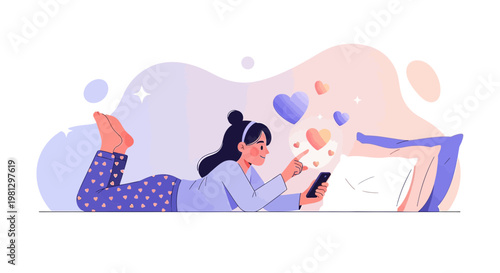 Young Woman Relaxing on Bed, Browsing Smartphone, Sending Love Messages with Heart Icons