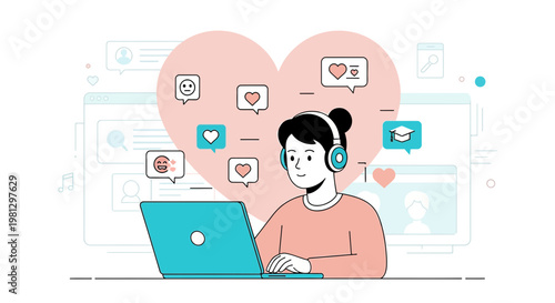 Young Woman with Headphones Using Laptop, Surrounded by Social Media Icons and Heart Shapes