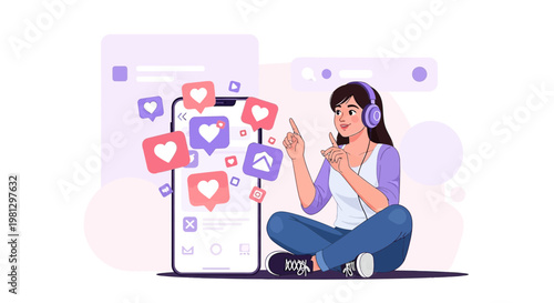 Young woman with headphones enjoying social media likes and notifications on smartphone