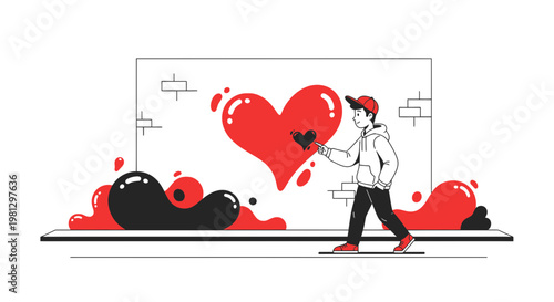 Young Man Painting a Large Red Heart on a Wall with Abstract Shapes