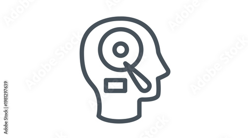 Schilderij op canvas Minimalist black vector icon illustration of a human head profile with a magnifying glass searching inside, representing mental analysis, focus, psychology, vision, and cognitive observation