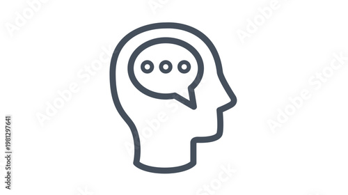 Human head profile with speech bubble and ellipsis icon vector illustration. Minimalist black line art symbol for thinking, communication, internal dialogue, psychology, and brainstorming.