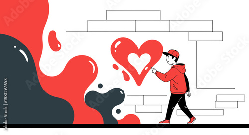 Young man paints a red heart on a brick wall, abstract splashes of paint, modern art concept