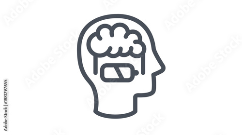 Human head profile vector icon with a brain and low battery symbol inside, representing mental exhaustion, burnout, fatigue, brain fog, and the need for a mental recharge or rest.