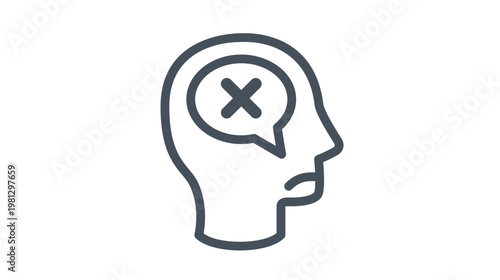 Minimalist vector icon illustration of a human head profile with a sad expression and a speech bubble containing an X cross symbol, representing negative thoughts, mental health, or pessimism.