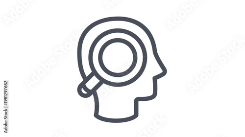 Minimalist black line vector icon of a human head profile with a magnifying glass over the brain area, representing psychological analysis, mental health research, introspection, and focus.