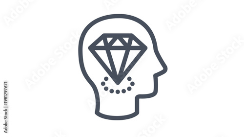 Human head profile silhouette with a diamond gemstone inside, representing brilliant ideas, mental clarity, and intellectual value. Minimalist vector icon illustration for creative concepts.