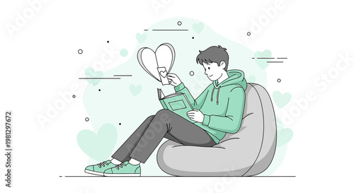Young Man Reading Book, Heart Symbol, Relaxing on Beanbag Chair, Love Story Concept