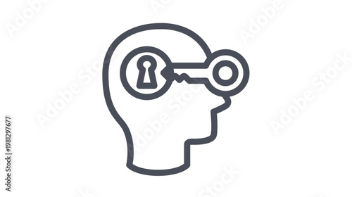 Foto Vector illustration of a minimalist black line icon depicting a human head profile with a keyhole and a key, symbolizing unlocking potential, mental health, psychology, and creative ideas