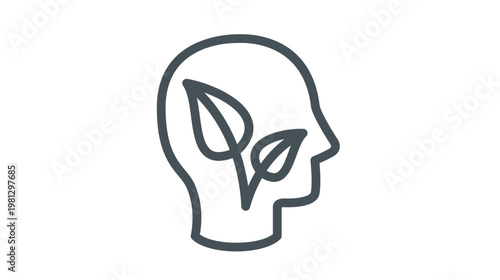 Minimalist vector icon illustration of a human head profile with a growing plant sprout inside, symbolizing green thinking, environmental awareness, mental health, growth, and sustainable ideas.