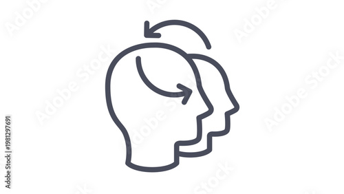 Empathy and Perspective Taking Vector Icon Illustration. Two Human Head Silhouettes with Circular Arrows Representing Communication, Exchange of Ideas, and Psychological Understanding.