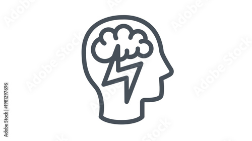 Brainstorming and Creative Idea Generation Vector Icon Illustration. Minimalist Line Art Symbol of a Human Head Profile with a Brain and Lightning Bolt for Mental Energy and Inspiration.