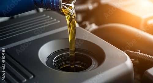 Pouring Fresh Synthetic Engine Oil Into Car Motor During Routine Automotive Maintenance Service at Repair Shop