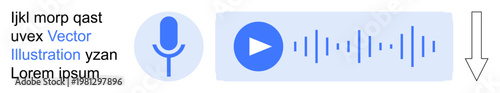 Voice recognition, audio playback, communication interface, digital commands, podcasting, transcription tools. Microphone, sound wave and playback button. Voice recognition and audio playback