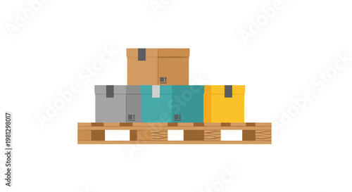 A collection of multi-colored cardboard shipping boxes sits neatly organized on a sturdy wooden pallet within a clean and minimalist white environment.