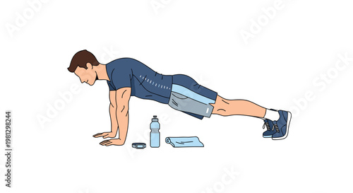 A fit young man performs a core strengthening plank exercise on a clean white surface accompanied by his essential workout gear and water bottle.