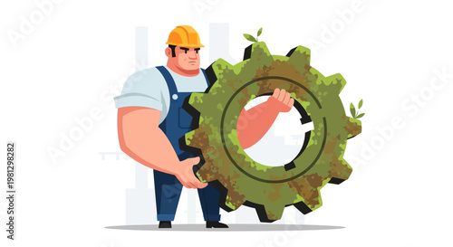 Man Holding Large Green Gear.