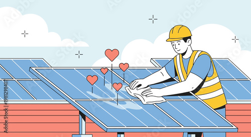 Worker cleaning solar panels with hearts, renewable energy concept