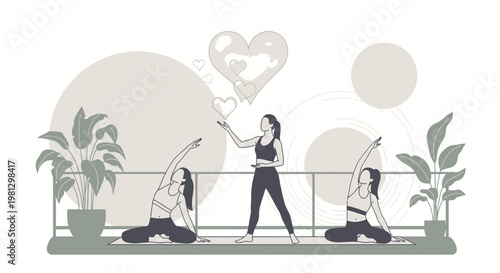 Yoga instructor leads class on balcony with plants and abstract heart shapes