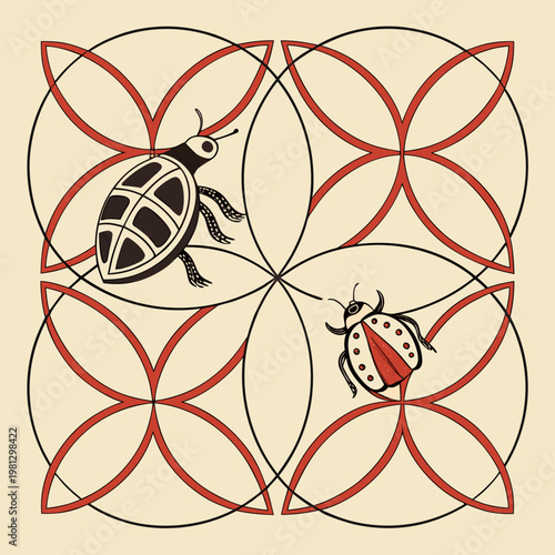 A ladybug and a beetle on a red and black geometric pattern
