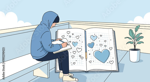Young artist drawing hearts in notebook on rooftop, creative inspiration, blue hues
