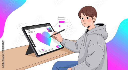 Young artist drawing a colorful gradient heart on a tablet, digital art concept