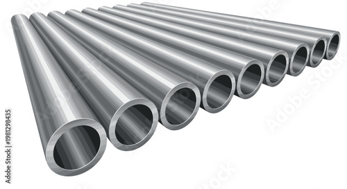Multiple long hollow industrial steel pipes are arranged in a precise diagonal row showing a clean metallic finish under bright studio lighting conditions.
