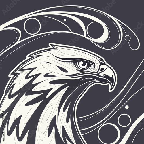 A white line drawing of an eagle's head