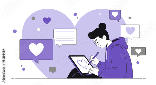 Young artist draws heart on tablet, surrounded by social media likes and messages, purple hues