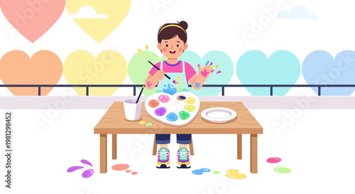 Young Girl Painting with Colorful Heart Palette and Rainbow Hearts Background